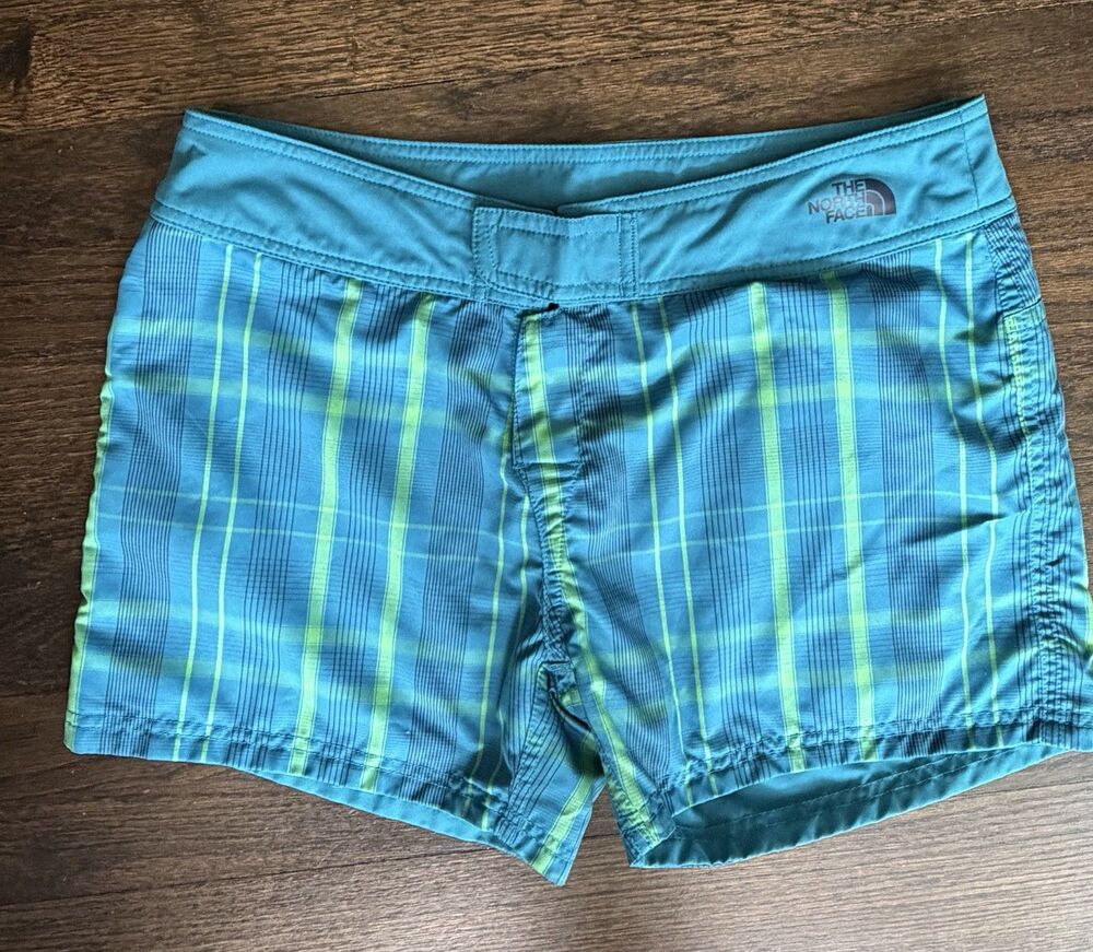Women's The North Face Board Shorts Size 6 Green Blue Reversible Plaid Hiking